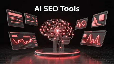 AI SEO services dashboard showing keyword research, content optimization, search rankings, and website performance analytics.