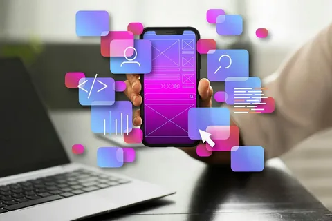 Mobile app development process featuring Android and iOS app design, coding, testing, and deployment solutions.